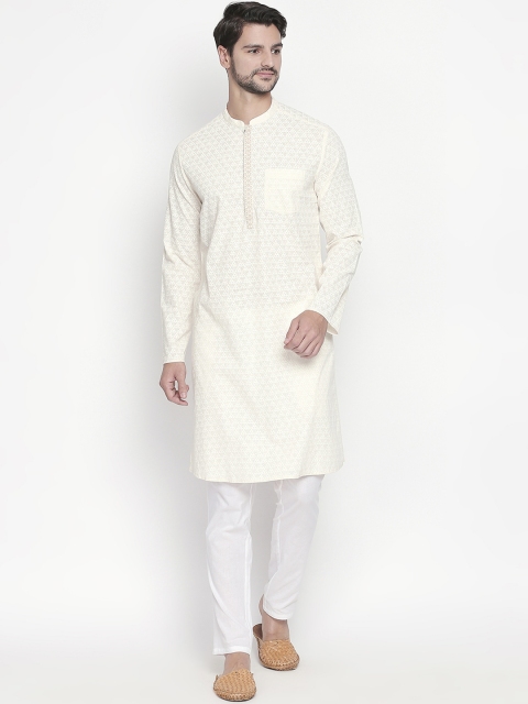 

indus route by Pantaloons Men Off-White Printed Straight Kurta