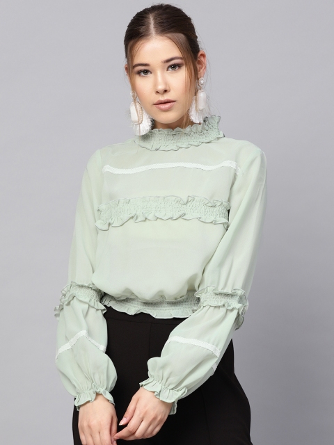 

Kazo Women Sea Green Semi Sheer Solid Blouson Top