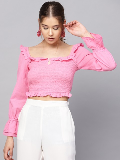 

Kazo Women Pink Smocking Crop Fitted Top