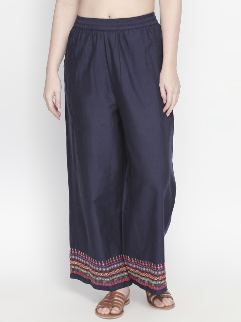 

AKKRITI BY PANTALOONS Women Blue Regular Fit Embroidered Parallel Trousers