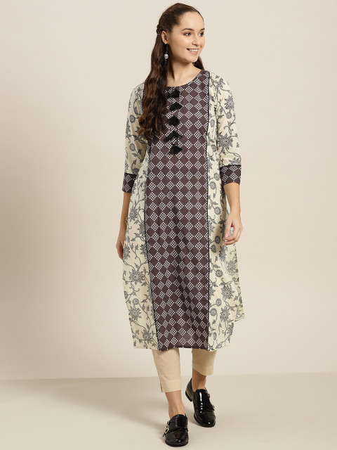 

Sangria Women Charcoal Grey & Off-White Printed Straight Kurta