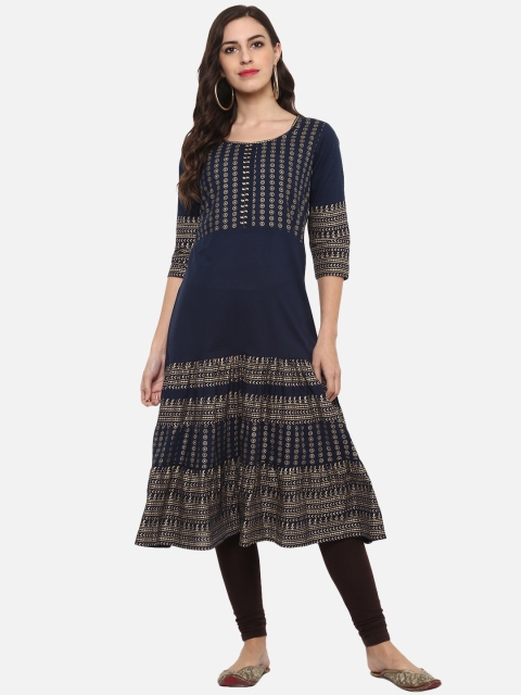 

YASH GALLERY Women Blue & Gold-Toned Printed A-Line Kurta