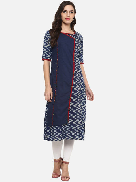 

YASH GALLERY Women Blue & Off-White Printed Straight Layered Kurta
