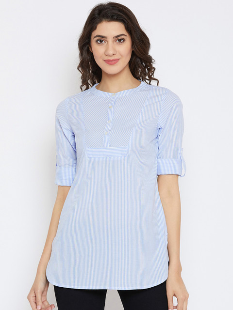 

Ruhaans Women Blue Striped Shirt Style Pure Cotton Top