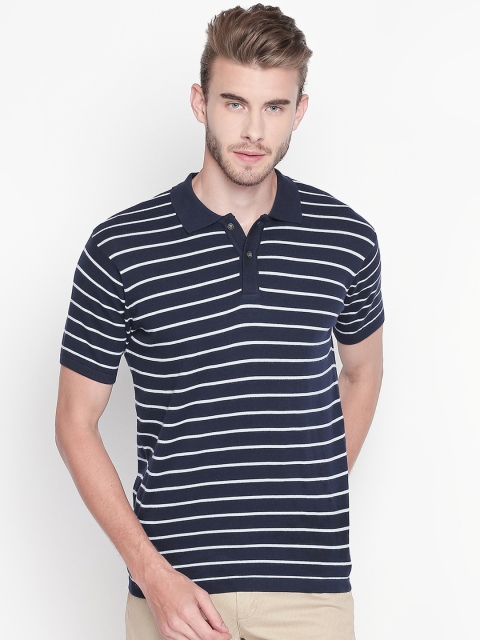 

BYFORD by Pantaloons Men Navy Blue Striped Polo Collar T-shirt