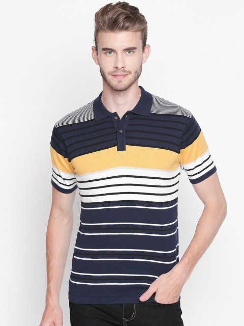 

BYFORD by Pantaloons Men Navy Blue Striped Polo Collar T-shirt
