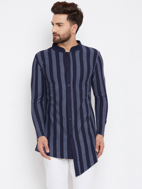 

Hypernation Men Blue & Grey Striped Straight Kurta