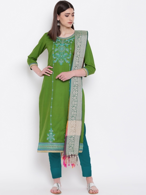 

Kvsfab Green & Teal Blue Silk Blend Unstitched Dress Material