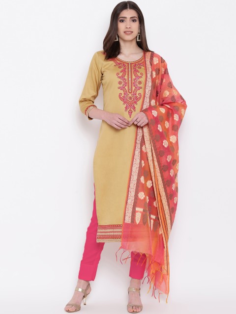 

Kvsfab Beige & Pink Silk Blend Unstitched Dress Material