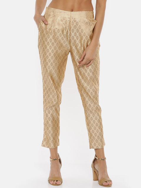 

De Moza Women Gold-Toned Straight Fit Woven Designed Peg Trousers