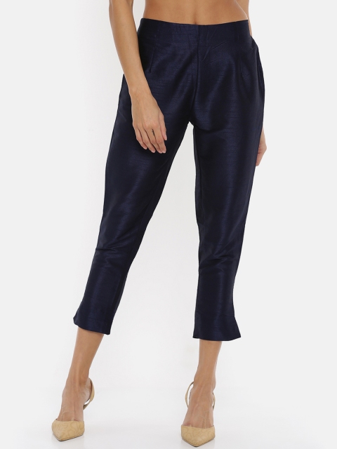 

De Moza Women Navy Blue Straight Fit Solid Peg Trousers