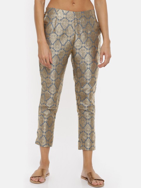 

De Moza Women Grey & Gold-Toned Straight Fit Woven Designed Peg Trousers