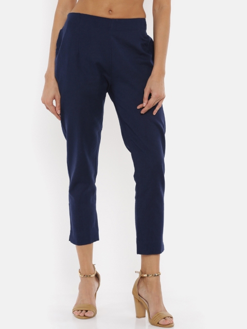 

De Moza Women Navy Blue Straight Fit Solid Peg Trousers