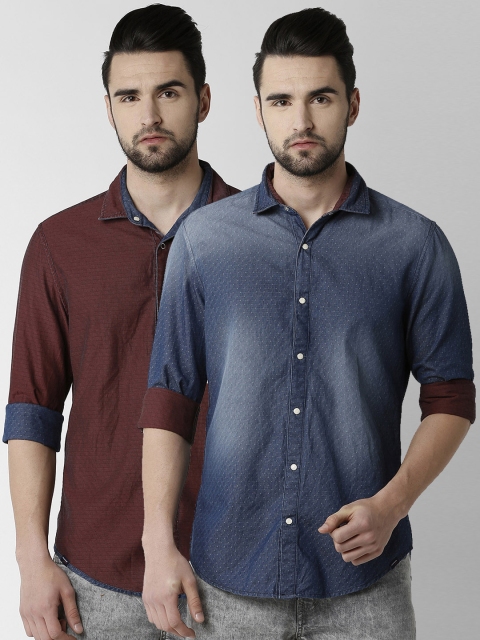 

Peter England Casuals Men Blue & Maroon Reversible Denim Slim Fit Faded Casual Shirt