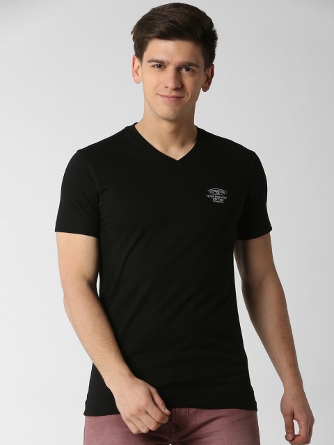 

Peter England Casuals Men Black Solid V-Neck T-shirt