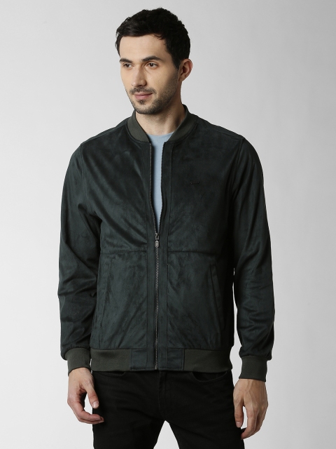 

Peter England Casuals Men Green Solid Suede Bomber