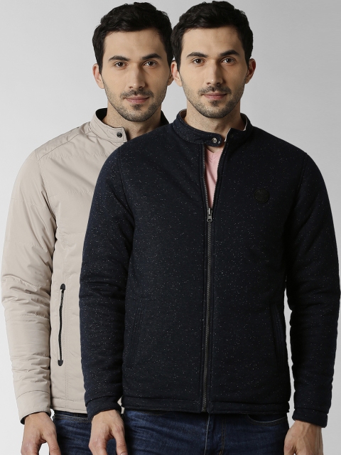 

Peter England Casuals Men Navy Blue & Beige Reversible Solid Bomber