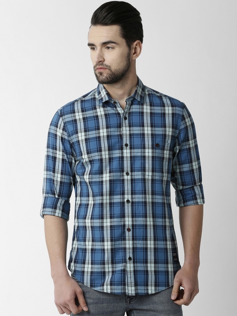 

Peter England Casuals Men Blue & Beige Slim Fit Checked Casual Shirt