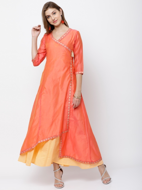 

Vishudh Women Peach-Coloured & Yellow Solid Anarkali Kurta