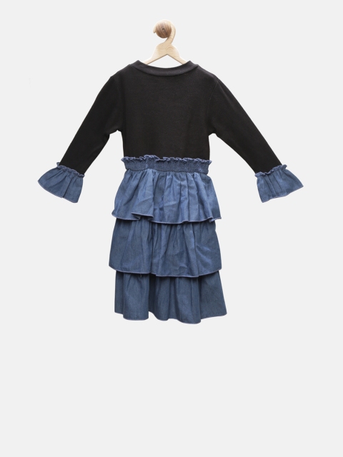 

First Kick Girls Black Colourblocked Fit and Flare Dress