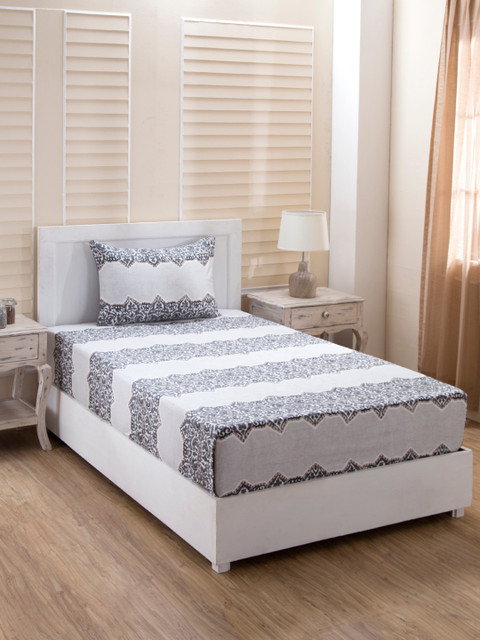

MASPAR Grey & Off-White Striped 210 TC Cotton 1 Single Bedsheet with 1 Pillow Covers