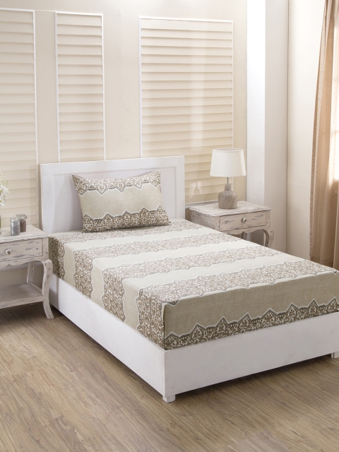 

MASPAR Beige Striped 210 TC Cotton 1 Single Bedsheet with 1 Pillow Covers