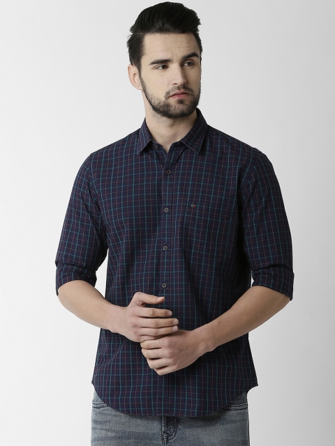 

Peter England Men Navy Blue Slim Fit Checked Pure Cotton Casual Shirt