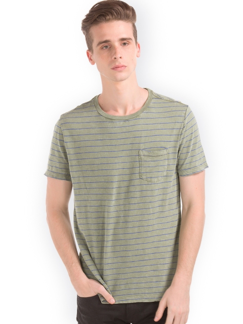 

GAP Men Green & Blue Round Neck Short Sleeve Striped T-shirt