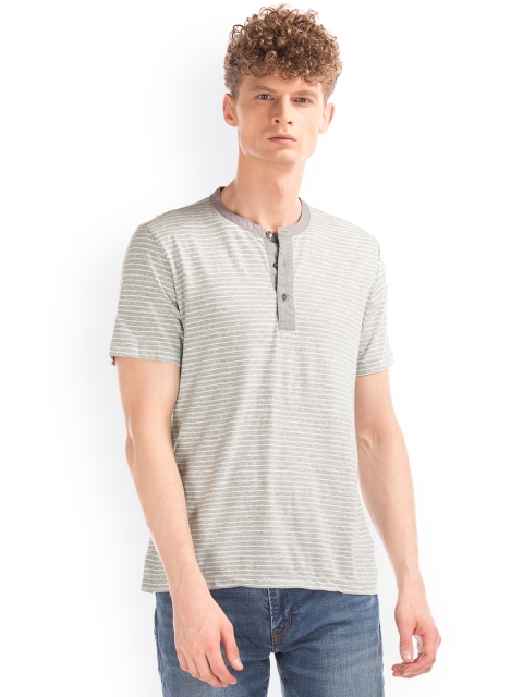 

GAP Men Grey & White Henley Neck Short Sleeve Striped T-shirt