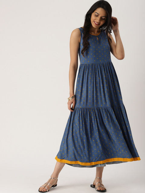 

IMARA Women Blue Printed A-Line Midi Dress