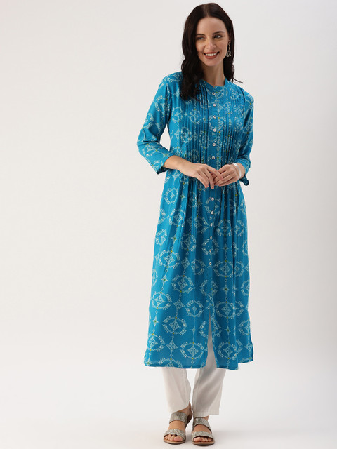 

IMARA Women Blue & White Printed Pleated Kurta with Trousers