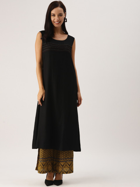 

IMARA Women Black & Mustard Yellow Solid Kurta with Palazzos