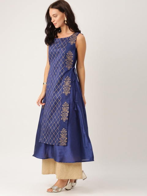 

IMARA Women Blue Woven Design A-Line Layered Kurta