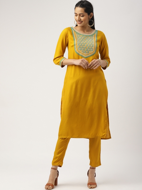 

IMARA Women Mustard Yellow Yoke Design Kurta with Trousers
