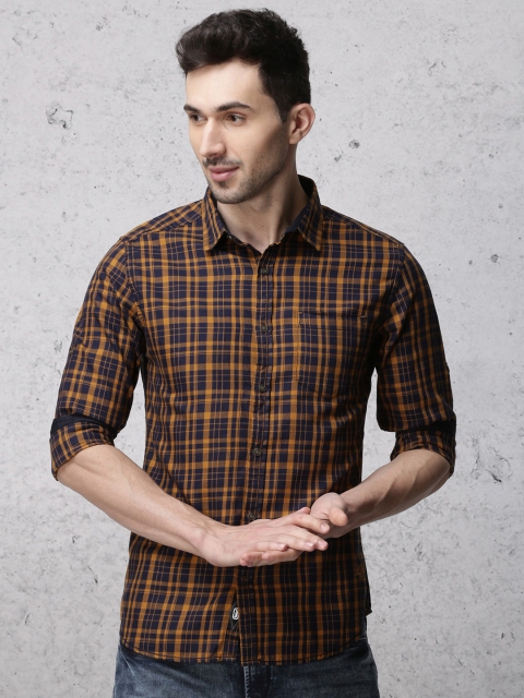 

Ecko Unltd Men Navy & Mustard Yellow Slim Fit Checked Casual Shirt, Navy blue