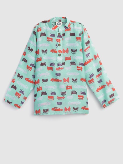 

YK Boys Sea Green & Red Quirky Print Straight Kurta
