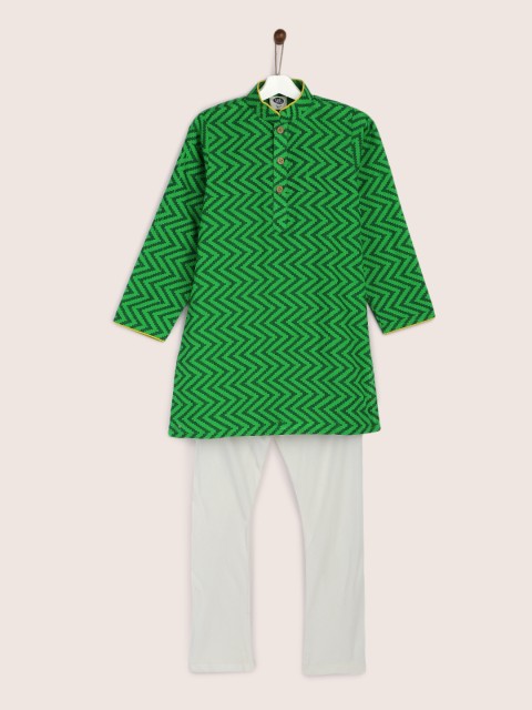 

YK Boys Green & Off-White Striped Kurta with Trousers
