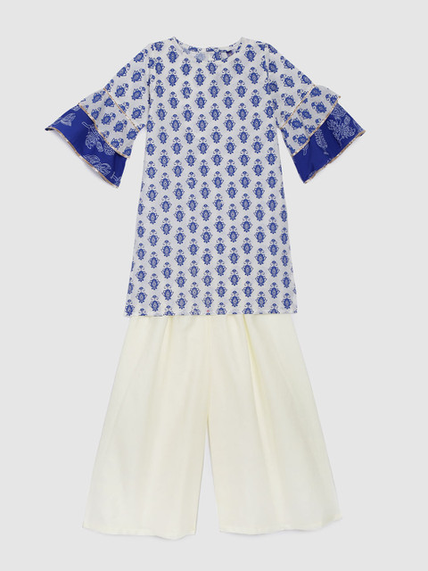 

YK Girls White & Blue Printed Kurti with Palazzos