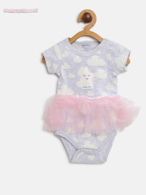 

Mothers Choice Girls Grey Melange & Off-White Printed Bodysuit
