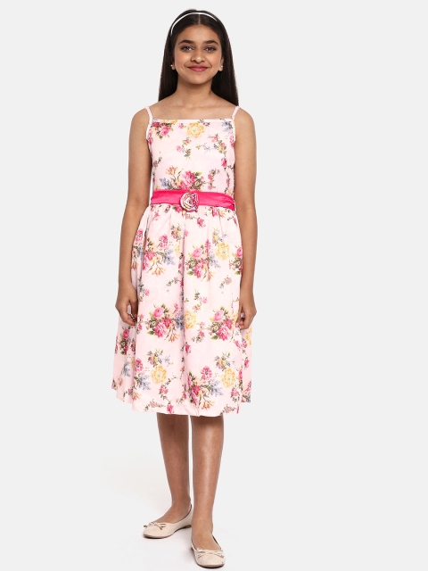 

YK Girls Pink & Green Floral Printed Fit and Flare Dress with Smocking Detail