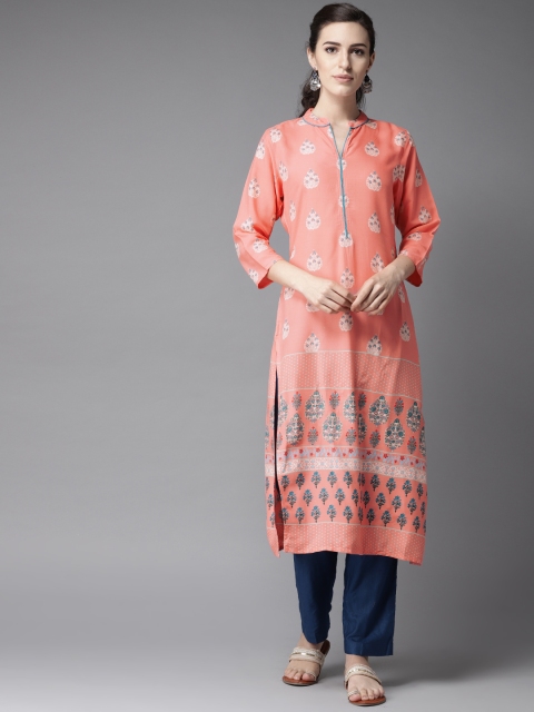 

Moda Rapido Women Pink & Blue Printed Straight Kurta