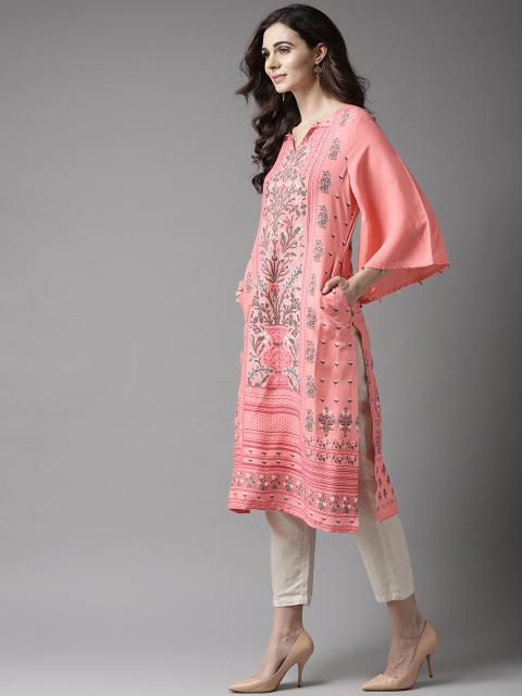

Moda Rapido Women Coral Pink & Olive Green Printed Straight Kurta
