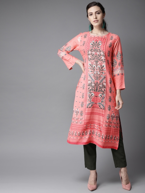 

Moda Rapido Women Coral Pink & Green Printed Straight Kurta