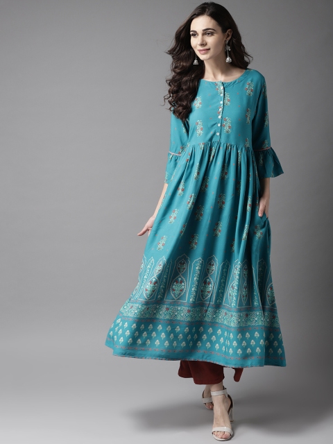 

Moda Rapido Women Blue & Coral Orange Printed A-Line Kurta