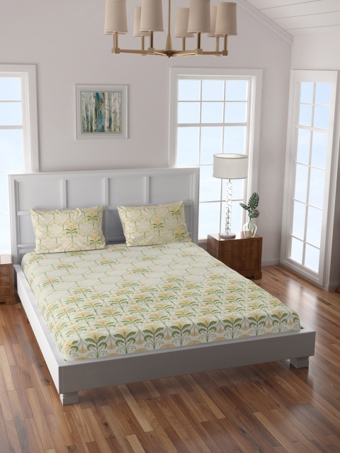 

SPACES Beige & Green Floral 144 TC Cotton 1 Queen Bedsheet with 2 Pillow Covers