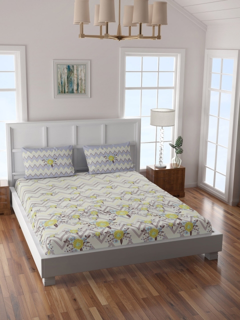 

SPACES Grey & Yellow Floral 144 TC Cotton 1 Queen Bedsheet with 2 Pillow Covers