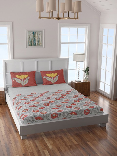 SPACES Grey & Red Floral 144 TC Cotton 1 Queen Bedsheet with 2 Pillow Covers