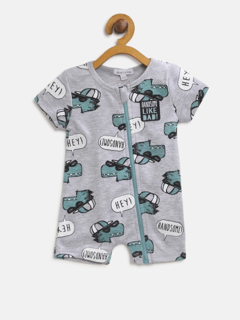 

Mothers Choice Kids Grey Melange & Green Printed Rompers