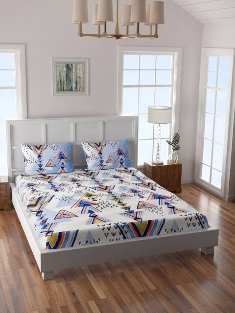 

SPACES Blue & White Geometric 180 TC Cotton Sustainable King Bedsheet with 2 Pillow Covers