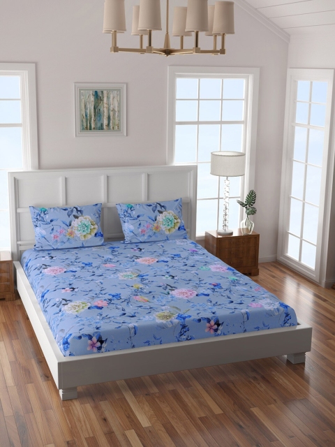 

SPACES Blue & Pink Floral 180 TC Cotton Sustainable King Bedsheet with 2 Pillow Covers